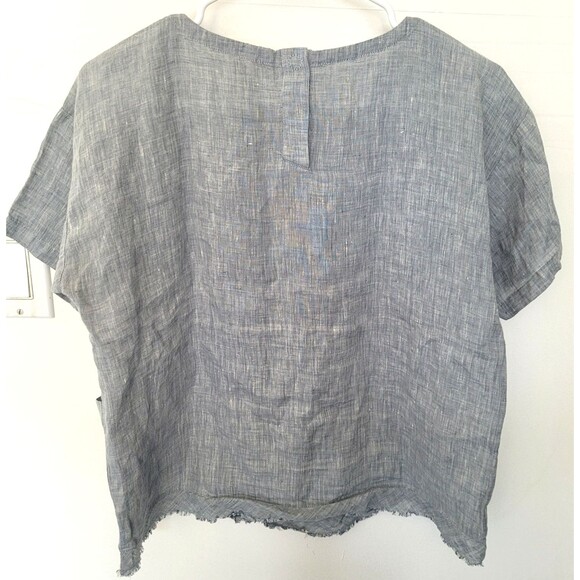 Eileen Fisher Petite Small 100% Organic Linen Gray Short Sleeve Top Raw Hem Boxy - Picture 6 of 6